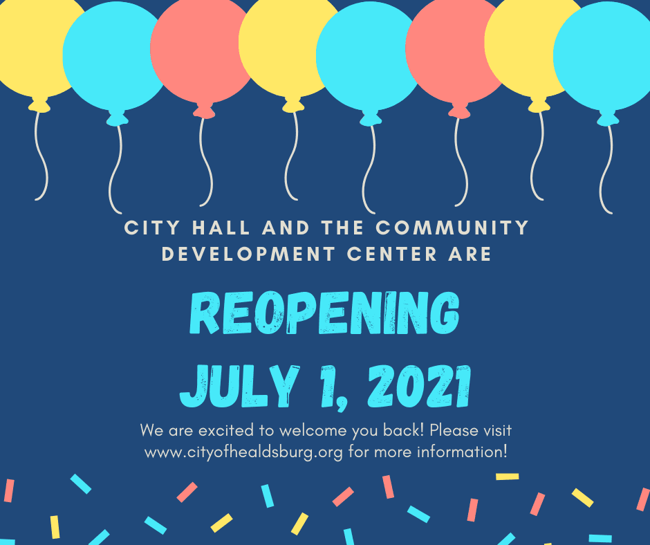 A Picture of balloons announcing the reopening of City Hall