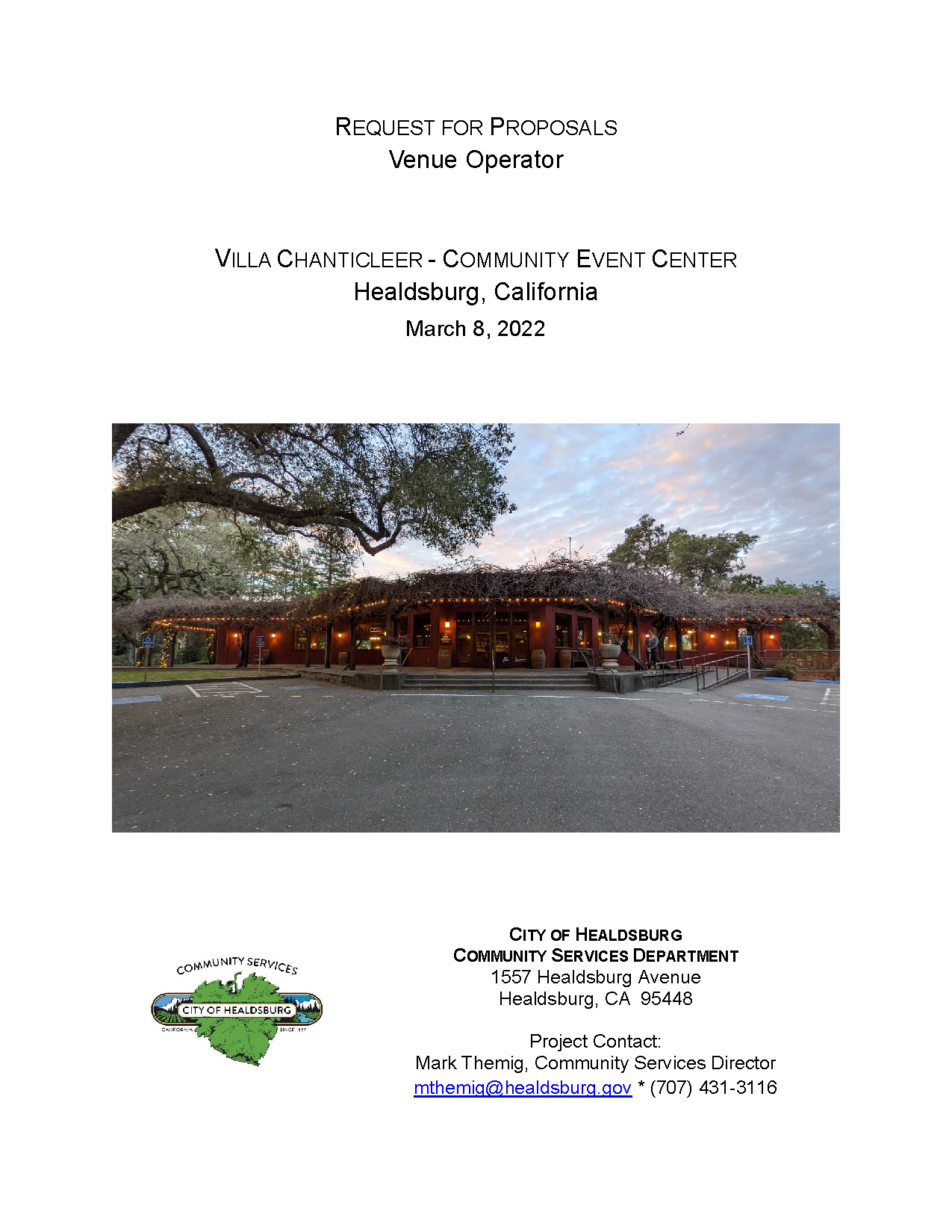 Healdsburg Villa Chanticleer Operator Request for Proposals - Cover